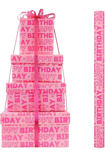 TERRIFI Birthday Wrapping Paper Rolls, Pink Happy Birthday Design with Cut Li...