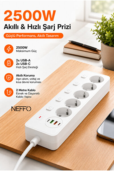 NEFFO 2500W Akıllı Şarj Prizi 5’li Çoklu Priz 2 USB-A + 2 USB-C 2 Metre Kablo Aşırı Akım Korumalı