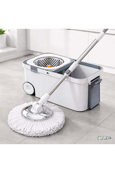 Razo Mop rotativ 360° cu Galeata centrifuga din inox cu roti, 4 Lavete din mi...
