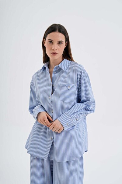Beauty Omelette Mavi Çizgili Oversize Poplin Gömlek