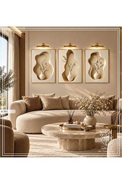 Tablomtr Ecru - Dijital Baskılı Gold Metal Çerçeveli Gerçek Camlı 3'lü Dekora...