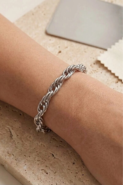 SEVGİLİ TAKI Spiral / Rope Chain Silver Steel Bracelet |   Women's Thick Chai...
