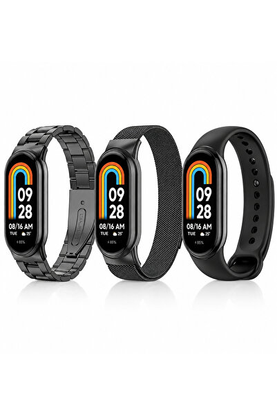 Dexmon Xiaomi Mi Band 8 / 9 / 10 Uyumlu 3' lü Silikon + Metal Kordon Kayış Me...