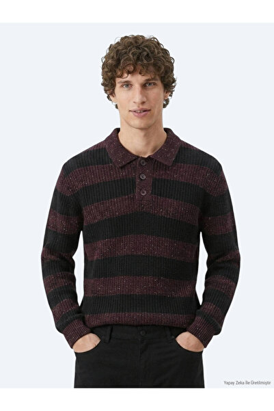 Kip Purplish Blue Polo Collar Striped Wool Blend Knit Sweater