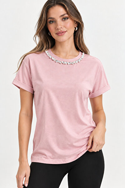 RENGARENG Kadın Tasarım T-shirt Taş Ve Zincir İşleme Detaylı Düşük Duble Kol ...