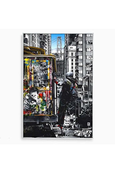 Luxcanva Tablou Canvas Calator prin oras 70x100 cm cu Rama Argintiu Decorativ...