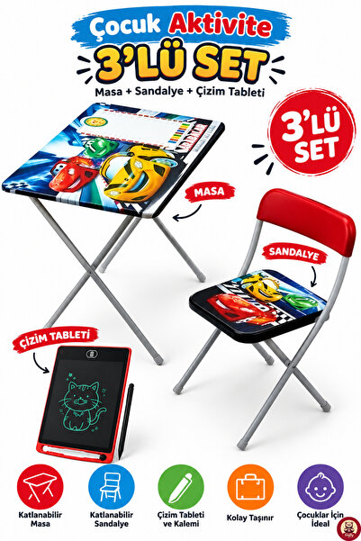 giffy Oyuncak Çocuk Masa Sandalye Çizim Tableti 3’lü Set Katlanabilir Aktivit...