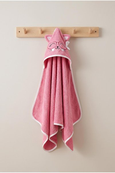 EAST&HIERA Hooded Baby Swaddle Towel (75X75 cm) - Cotton with Cat Figure Wearing Glasses