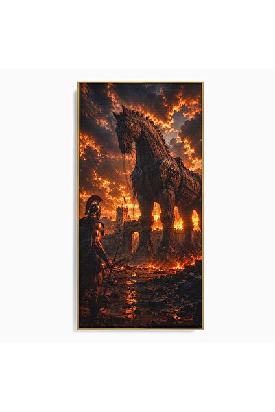 Luxcanva Tablou Canvas Calul Troian 60x120 cm cu Rama Auriu Mitologie Razboin...