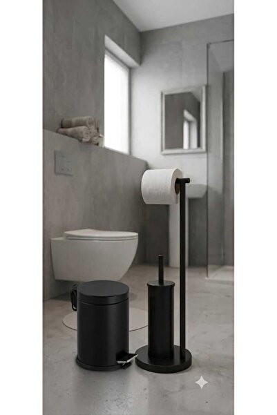 Ayrohe Ayaklı WC Set - 5 lt Pedallı Çöp Kovası Mat Siyah