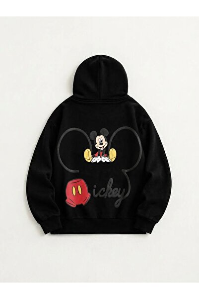 Siyah Mickey Baskılı Kapşonlu Sweatshirt