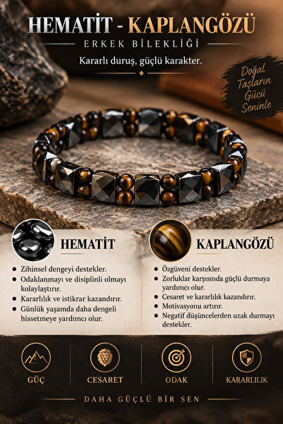 OSMANLI DEĞERLİ TAŞ SERTİFİKALI HEMATİT - KAPLANGÖZÜ ERKEK GÜÇ CESARET BİLEKLİĞİ
