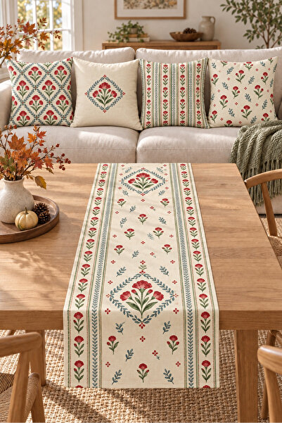 Evmila Sage Red Ethnic Floral Patterned 4 Pillow Covers 1 Runner 5 Piece Set