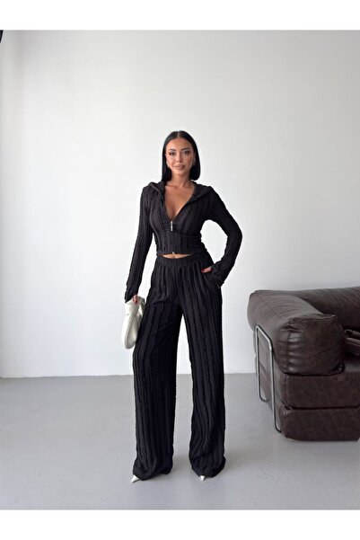 ELBEY Hooded Zippered Seersucker Double Set