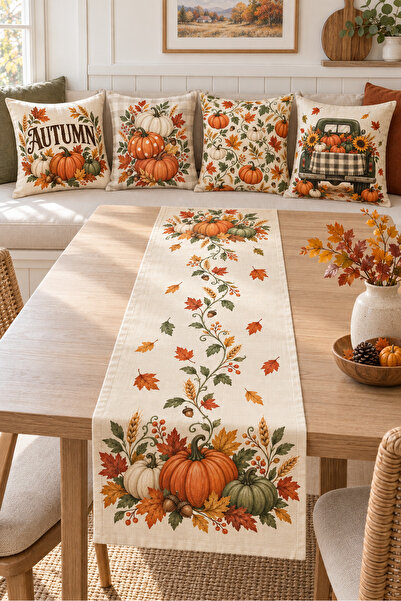 Evmila Orange Green Autumn Written Pumpkin Leaf 4 Throw Pillow Covers 1 Runne...