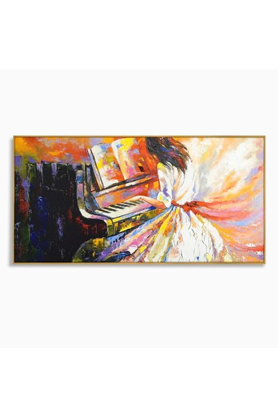 Luxcanva Tablou Canvas Fata Cantand La Pian 140x70 cm cu Rama Auriu Muzica Pi...
