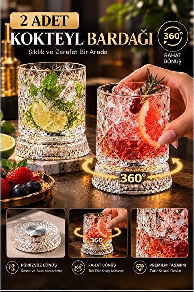AYGÖREN HOME 2 Τεμάχια 360 °   Γυάλινο ποτήρι με περιστρεφόμενο μεταλλικό ρου...