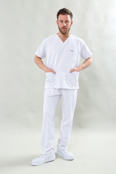 Scrubssy Premium Comfort Erkek Beyaz Scrubs Cerrahi Takım