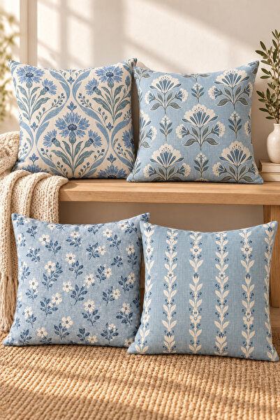 Evmila Blue Cream Botanical Geometric Patterned 4 Throw Pillow Covers 1 Runne...