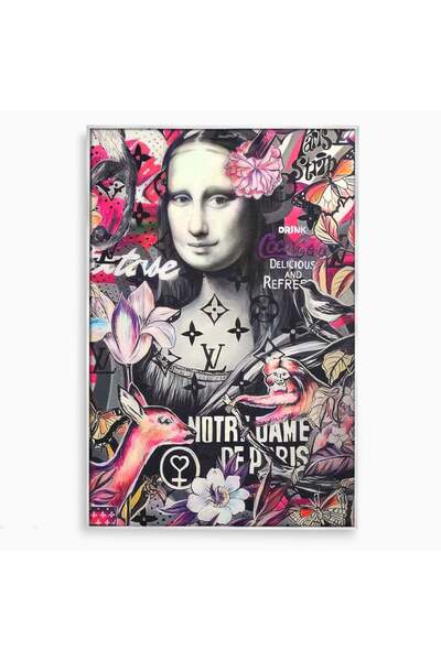 Luxcanva Tablou Canvas Mona Lisa Graffiti 80x120 cm cu Rama Argintiu Living A...