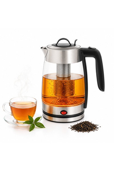 HAEGER Fierbător electric PERFECT TEA, Capacitate 1.8 L, Putere 2200 W, Vas de sticlă, Bază rotativă la 360 de grade, Oprire automată, Fără fir, Argintiu