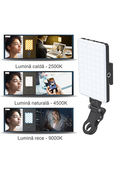 zenifique Lampa LED pentru telefon, Selfie light, Poze sau video, 60 led-uri, 2 tipuri de prinderi, 10 intensitati, Lumina rece si calda, Alimentare USB