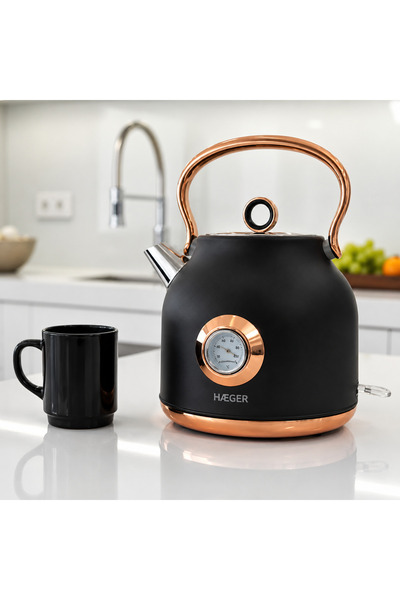 HAEGER Fierbător retro ART DECO NEGRU, Capacitate 1.7L, Putere 2200W, Afișaj temperatură și bază rotativă la 360 de grade, Protecție la supraîncălzire, Negru/Auriu