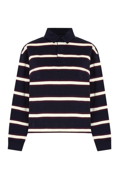 Beauty Omelette Lacivert Çizgili Polo Yaka Oversize Sweatshirt