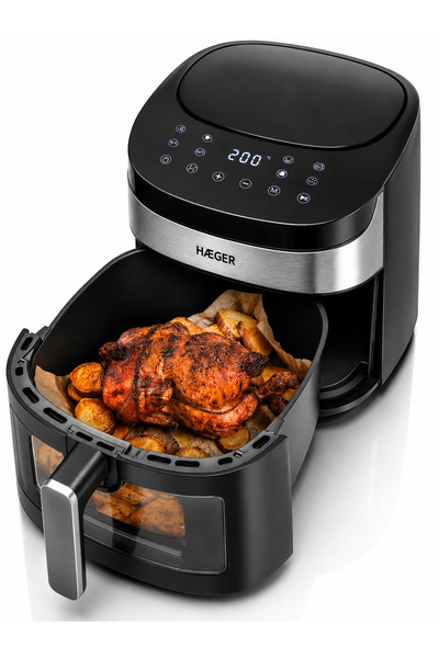 HAEGER Friteuză cu aer cald AIR BANQUET, 1800W, Capacitate 8L, 8 Programe, Control Digital, Tehnologie cu aer cald la 360 de grade, Vas antiaderent, Temporizator, Negru