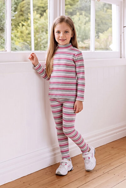 Fulla Moda Ribbed Striped High Neck Tights Girls' 2-Piece Set