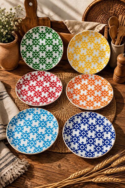 Porland Ethnical 6 Adet 20 cm Düz Tabak Seti – Renkli Desenli Pasta Tabağı