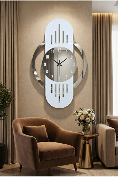 AA Shop Beyaz Renk Gri Sayılı Yılbaşı Hediyelik Ahşap Dekoratif Sessiz Büyük Boy Duvar Saati 70cm