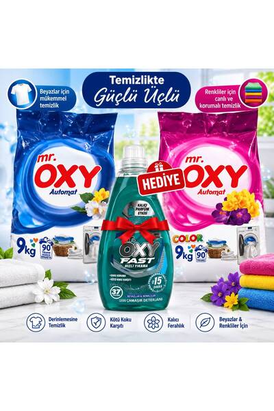 Oxy 9 kg Toz Çamaşır Deterjanı Beyazlar + 9 kg Toz Çamaşır Deterjanı Renklile...