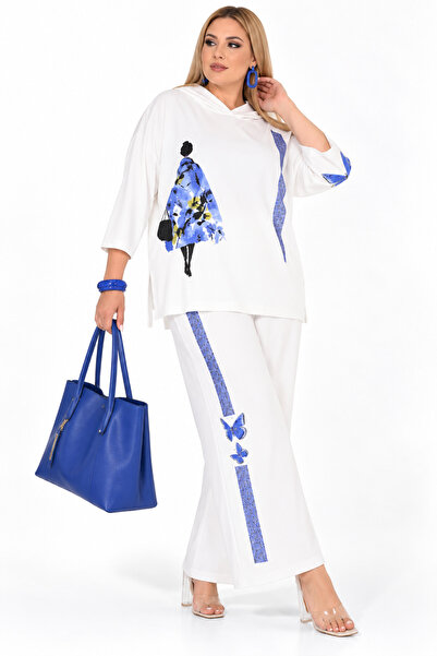 DARKWIN Plus Size Hooded Stone Detailed Printed Wide Leg Women's Two-Piece Set
