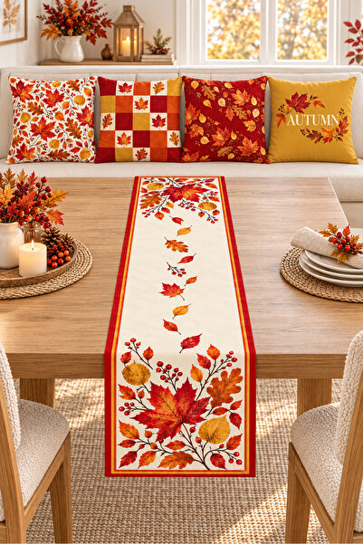 Evmila Red Orange Leaf Pumpkin Patterned 4 Throw Pillow Covers 1 Runner 5 Pie...