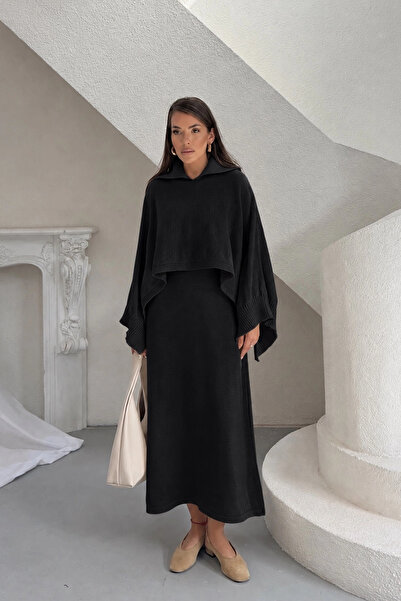 Lusin Women's Black Polo Collar Poncho Sweater and Long Knit Dress Double Pre...