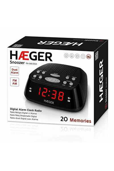 HAEGER Radio cu ceas și alarmă cu funcție SNOOZER, 20 de posturi presetate (10 FM/10 AM), afișaj LED, alarmă dublă cu funcție Snooze, funcție de temporizare a somnului, Negru