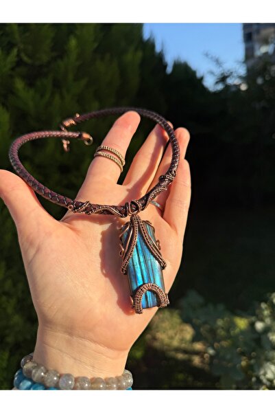 silvia vintage desing Doğal Labradorit Taşlı El Yapımı Bakır Wire Wrap Kolye