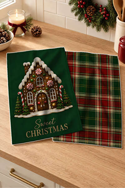 Evmila Tartan Gingerbread House Cookie House Roșu Verde în carouri Set de prosoape de bucătărie de Crăciun, 2 piese, 35x55