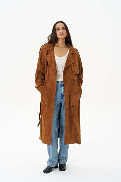 Beauty Omelette Taba Vatkalı Oversize Süet Trenchcoat