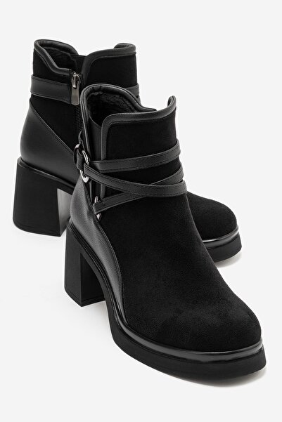 LuviShoes VENICE Siyah Süet Kemerli Kalın Topuklu Kadın Bot