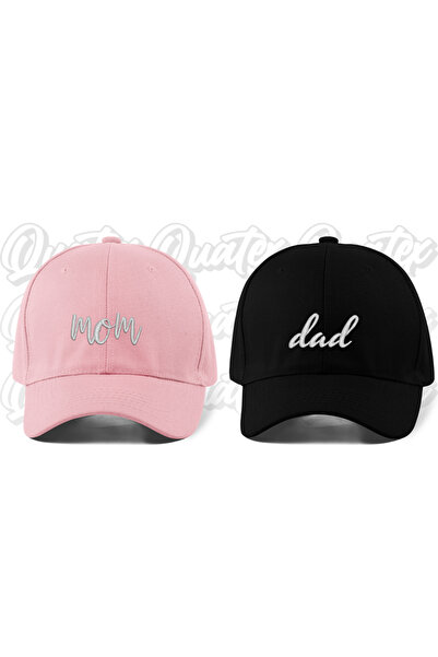 QUATEX Nakışlı Mom Dad Çift Şapka - Pembe Ve Siyah %100 Pamuk Gabardin Unisex...