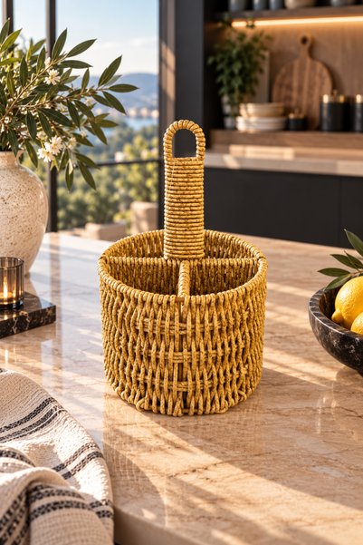 Chefstar HASIR GÖRÜNÜMLÜ RATTAN 4 BÖLMELİ ÇATAL KAŞIK BIÇAKLIK KULPLU MASA ÜS...