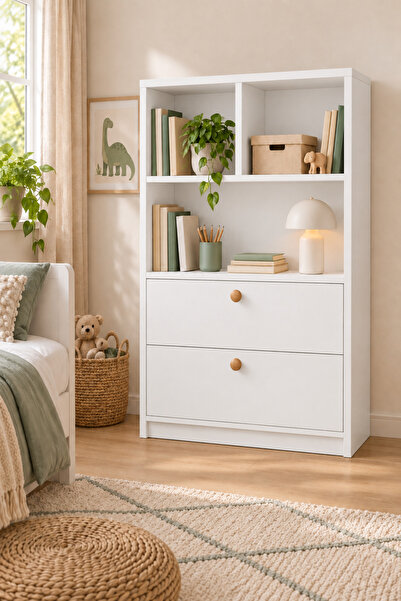 tino furniture Mix 4 Bölmeli 2 Çekmeceli Kitaplık Çocuk Genç Odası Beyaz 75 cm