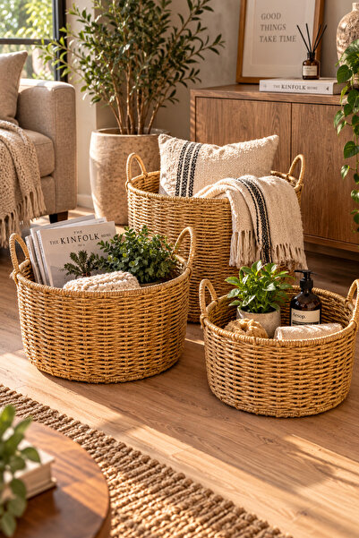 Chefstar HASIR GÖRÜNÜMLÜ RATTAN 3’LÜ YUVARLAK SEPET SETİ KULPLU DEKORATİF DÜZ...