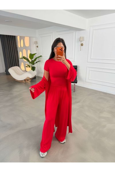 Elif Özbey Butik Kırmızı Üçlü Likralı Modal Takım