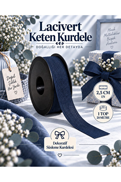 kubbe tekstil aksesuar Lacivert Keten Kurdele 2,5 cm – 1 Top 20 Metre – Dekor...