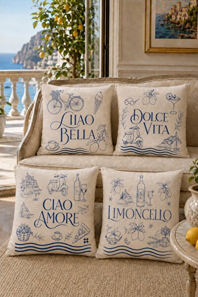 EVPANYA Blue Sea Iconic Illustrations Patterned 4-Piece Throw Pillow Cover Set