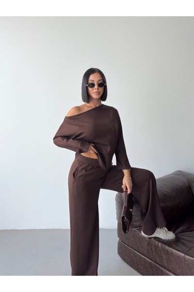 ELBEY Women's One-Shoulder Casual Blouse and Wide-Leg Pants Two-Piece Set