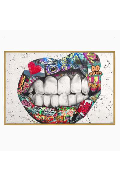 Luxcanva Tablou Canvas Lips Graffiti 60x40 cm cu Rama Auriu Street Art Buze C...